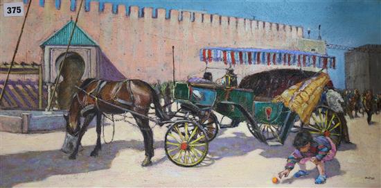 David Aldus, oil on board, child beside a horsedrawn carriage, signed, 31 x 61cm, unframed